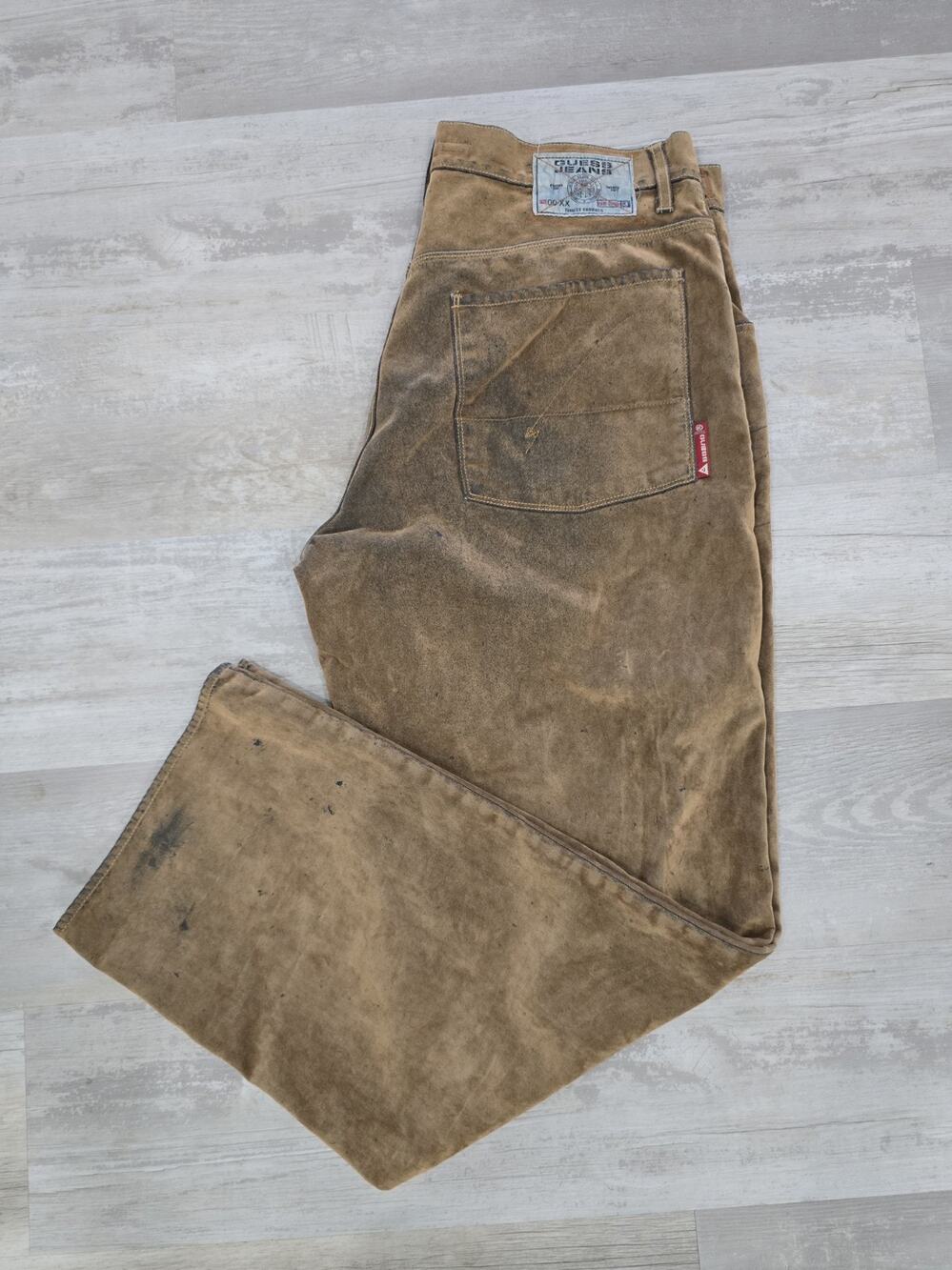 Vtg Y2K Guess Premium 00 XX Tiger Stripe Jeans 36 Baggy Coated Denim Flocked Bro